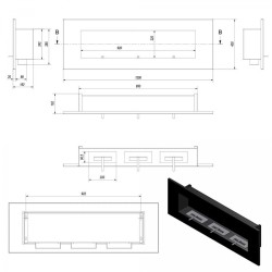 Camino Bio etanolo NERO 120 Cm  Da Parete Delta 3  bruciatori