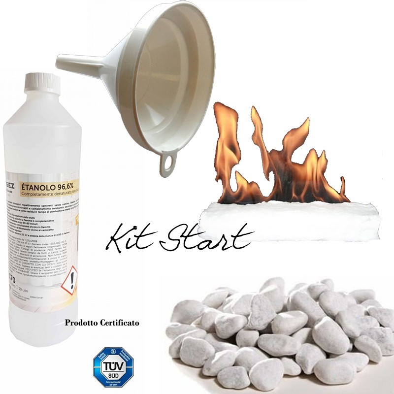 Kit Start 1 Litro Bioetanolo + pietre decorative + imbuto + lana di vetro