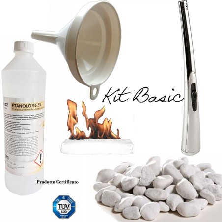 KIT BASIC 1 imbuto + pietre decorative + accendino + lana vetro + 10 lt di bioetanolo